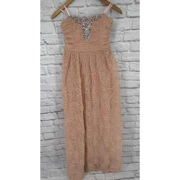 Trixxi Blush Pink Rosette Maxi Dress Rhinestone Sweetheart Formal Prom Size 9 - Picture 2 of 13